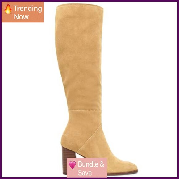 Knee High Boots Square Toe Chunky Block Heel Side Zipper Faux Suede - Picture 5 of 8